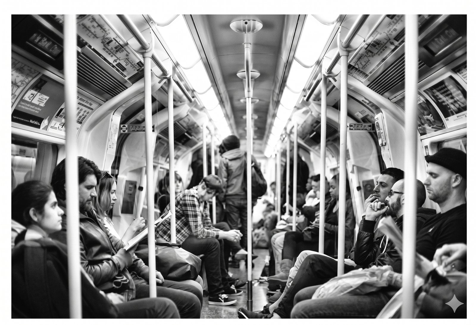 Black and white photo of a crowded subway — passengers each absorbed in their own world, evoking sonder
