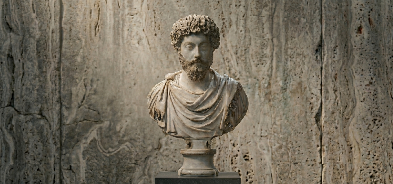 Ancient marble bust of Marcus Aurelius, Roman emperor and Stoic philosopher, displayed against a travertine stone wall