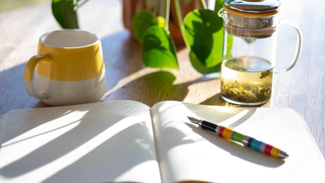 An open journal, tea, and a plant in warm morning light, illustrating a calm reflection practice.